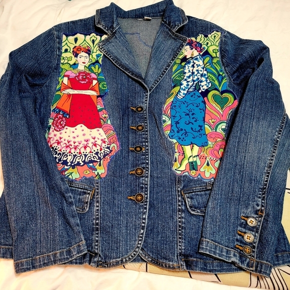 Las 3 Catrinas Frida Kahlo Inspired Upcycled denim Jacket Day of the dead - Picture 5 of 6